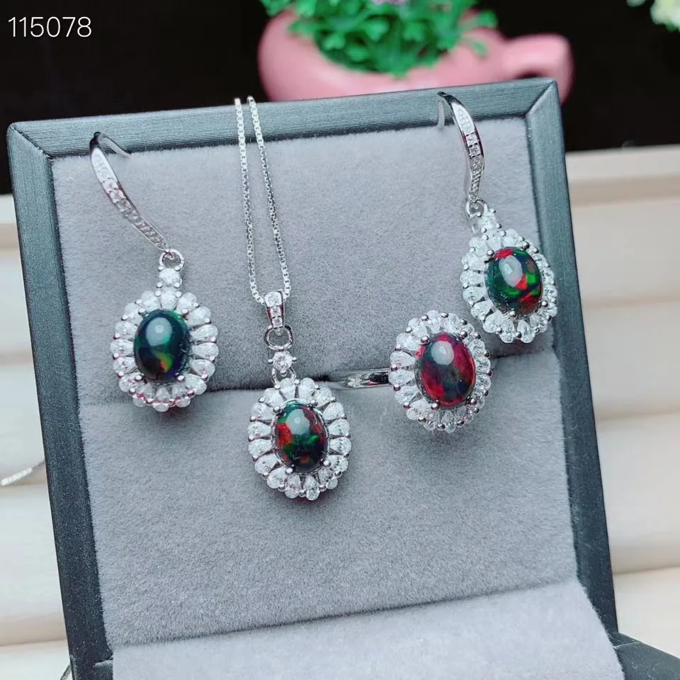 

Engagement Best Gift Black Opal jewelry set Natural Real Black Opal 925 sterling silver 1pc pendant,1pc ring,2pcs Earring