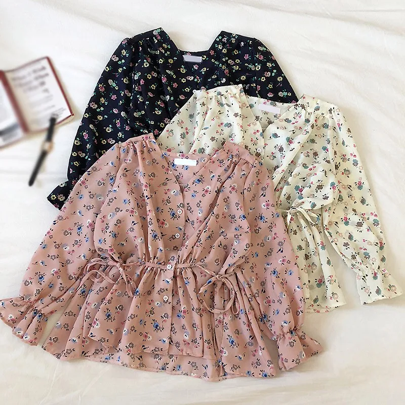 

Summer Women's V-Neck Chiffon Shirt Long Sleeve Korean Style Ladies Floral Print Fashion Simple Sweet Blouses M