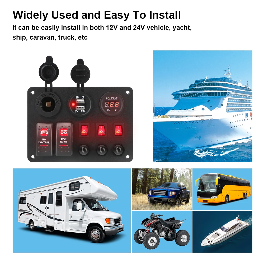 

Dual USB Ports 2+3 Gang Rocker Switch Panel Car Marine RV Circuit LED Breaker Digital Voltmeter With Overload Protector