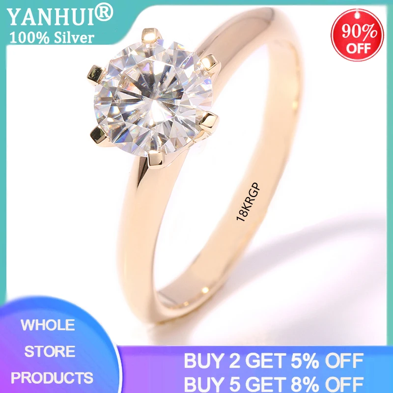 

YANHUI Real 925 Solid Silver 18K Rose Gold Color Rings For Lady Shiny 2Ct Lab Diamond Wedding Anniversary Eternal Fine Jewelry