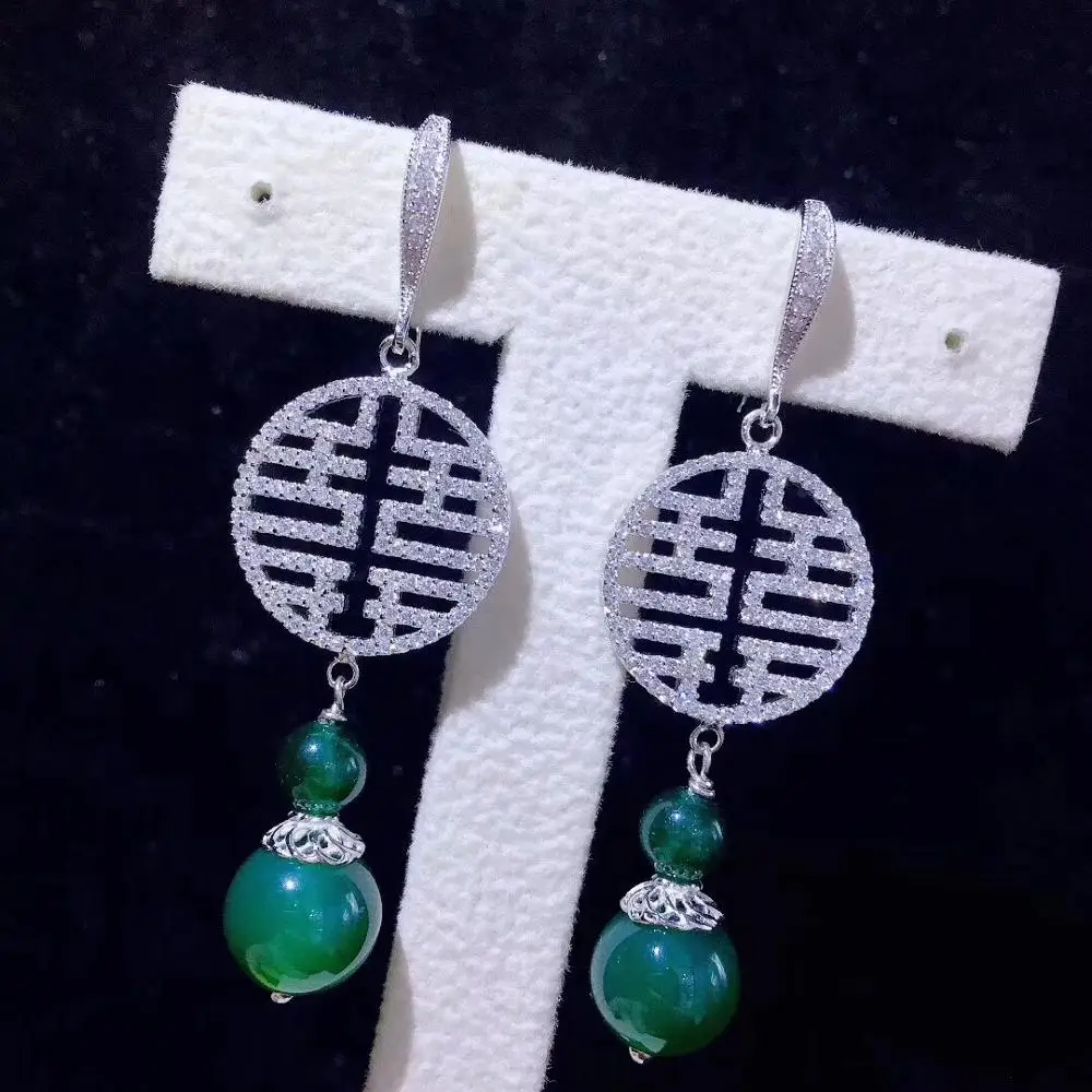 Китайские серьги подвески с традиционным рисунком зеленый цвет полудрагоценные