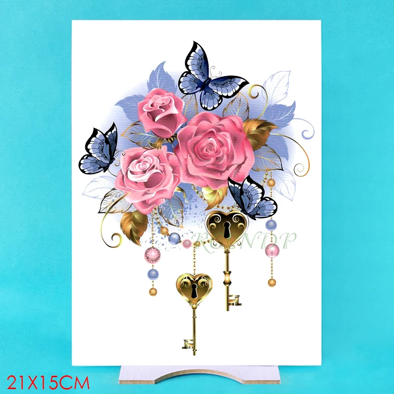 Водостойкая Временная наклейка для татуировок роза золотой ключ Бабочка