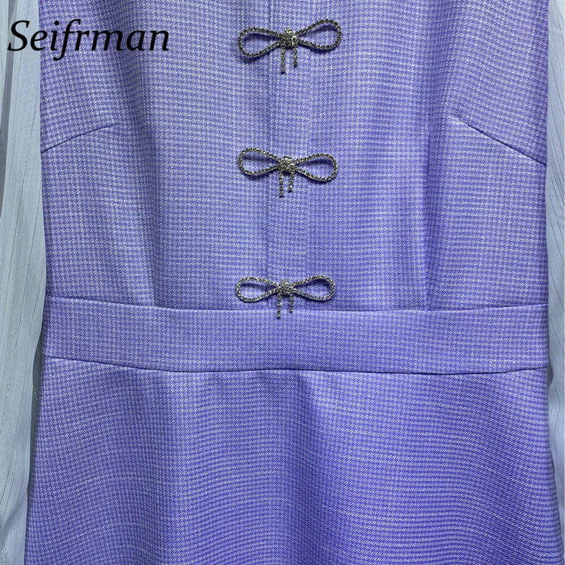 

Seifrmann Women Summer Fashion RunwayA-Line Dress Lantern Sleeve Beading Bow Printed Elegant Bodycon Midi Dresses vestidos 2021