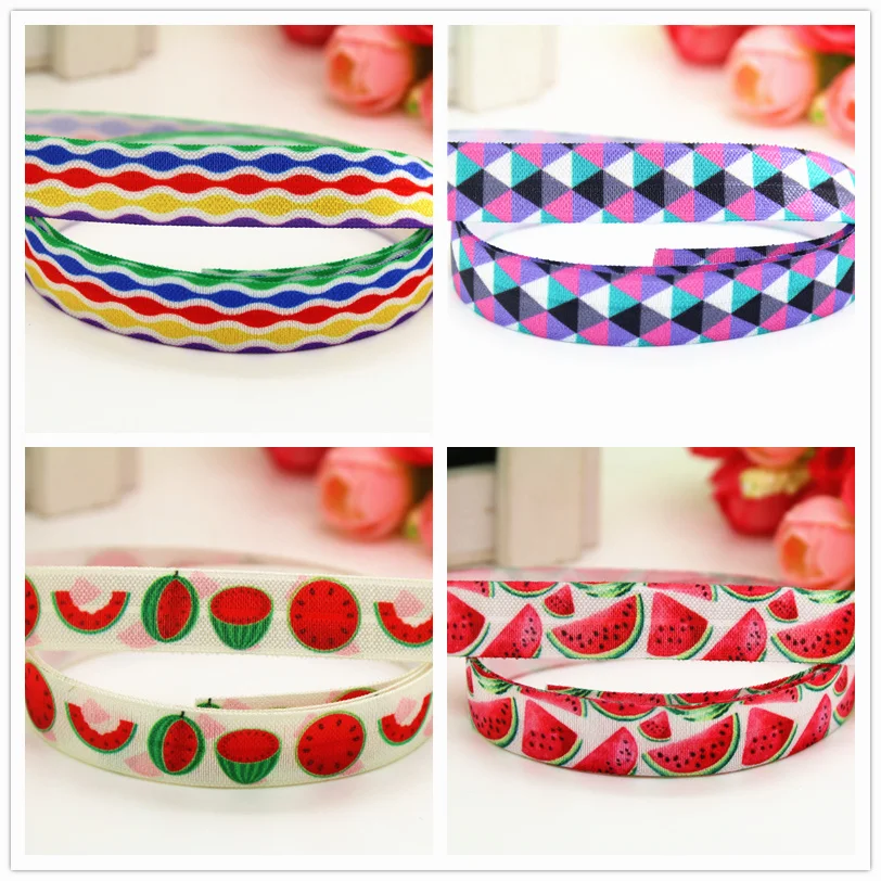 

DHK 5/8'' 5yards Fold Elastic FOE Plaid watermelon colors printed headband headwear hairband decoration OEM Wholesale E523