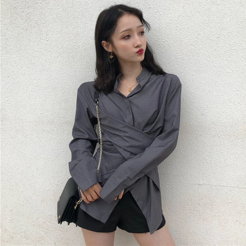 

Fashion Retro Hong Kong Style Women's Clothing Buttons Irregular Long Sleeve Wild Slim Shirts 2021 Fall Korean New Tops women