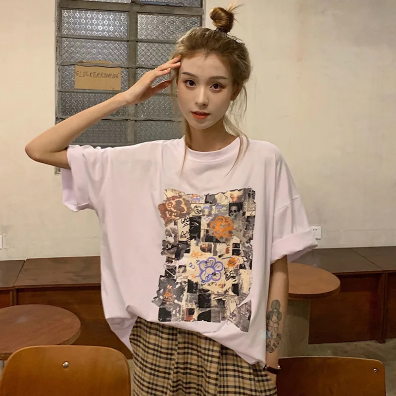 Женские винтажные футболки с принтом повседневные Свободные корейские рубашки в