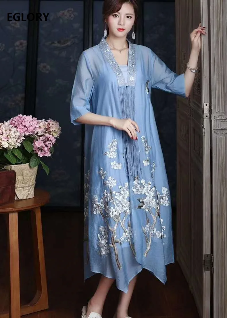 

Luxury Chinese Dress 2020 Summer Fashion Women Tassel Embroidery Deco Half Sleeve Mid-Calf Blue Pink Elegant Vintage Dress 2pc