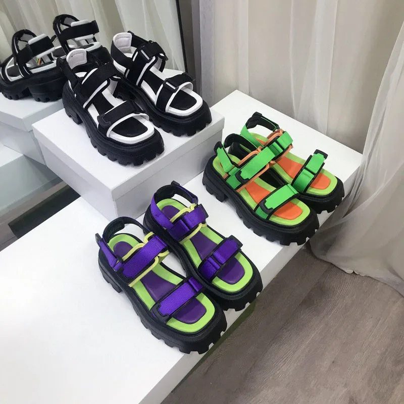 

Ins Style Fashion Women Hook&Loop Sandals Platform Color Matching Beach Sandals Outdoor Increasing Mujer Round Casual Tide Shoes