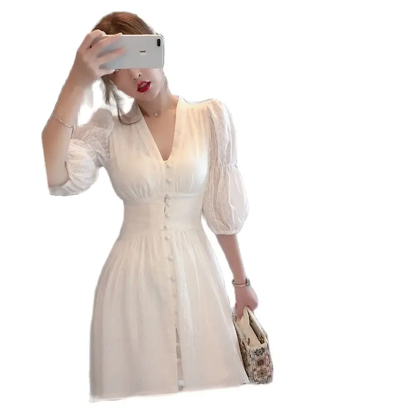 

Платье 2021 весна новый стиль женское французское Ретро простое наряд длинное супер фея Мори серия Белое Полноразмерное платье