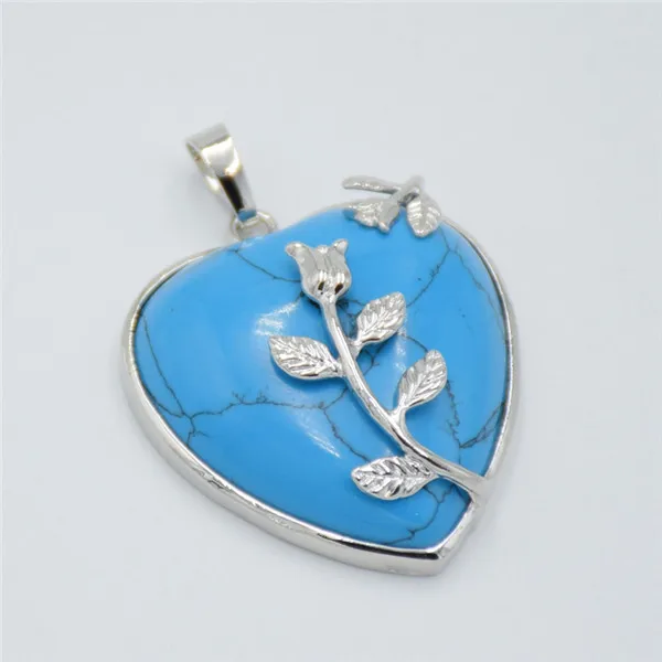 blue turquoises Романтический покрытый серебром натуральный камень Lapis розовый кристалл кварца Любовь Сердце цветок кулон для женщин ожерелье ювелирные изделия - Окраска металла: blue turquoises