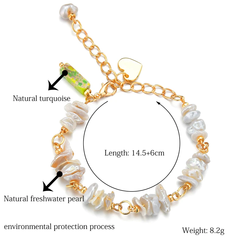 New Women Irregular Natural Freshwater Pearl Charm Baroque Link Chain Bracelets Stone Heart Shaped Pendant Bracelet Gift | Украшения и