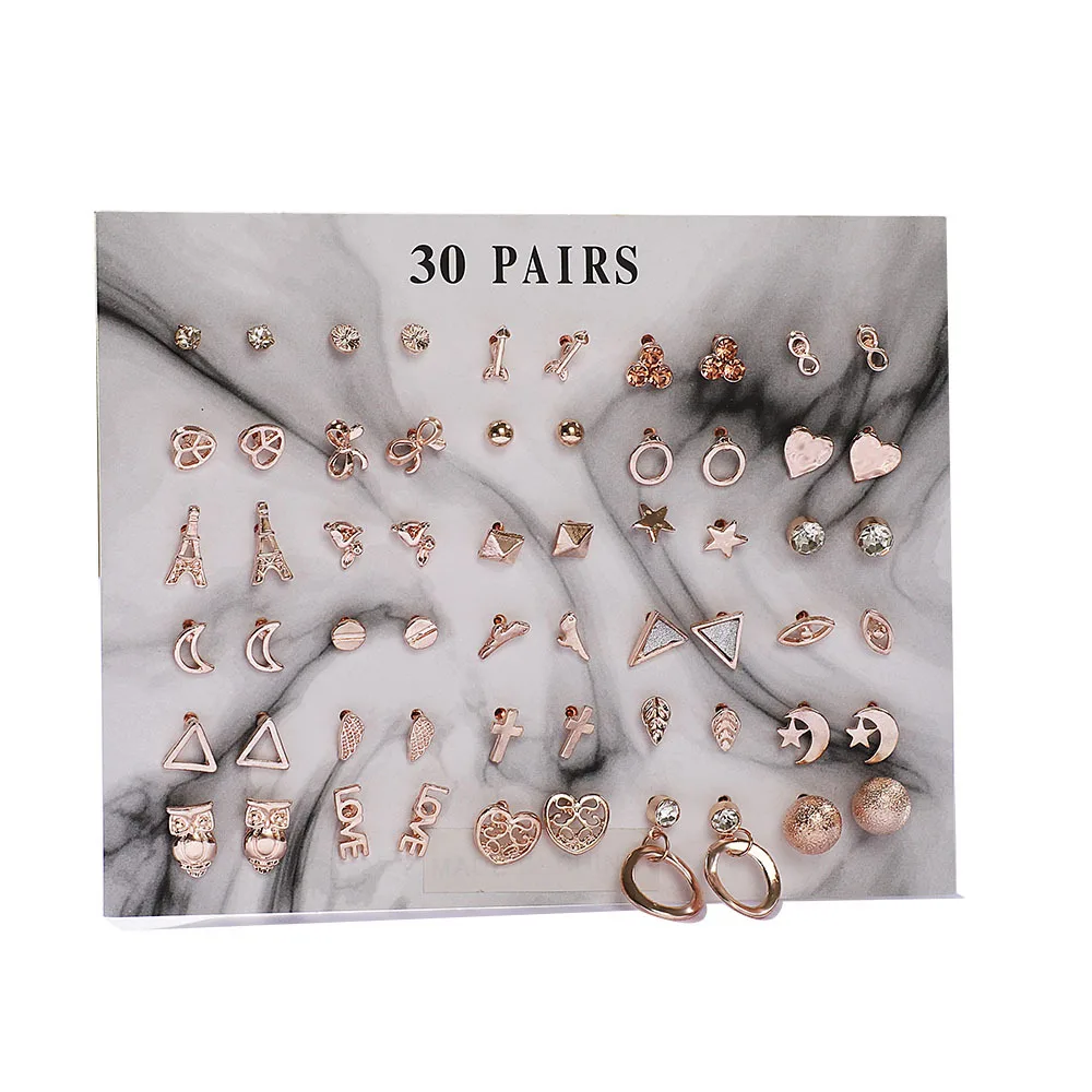 30 пар/лот женские серьги гвоздики набор микс Сердце Луна крест геометрические в