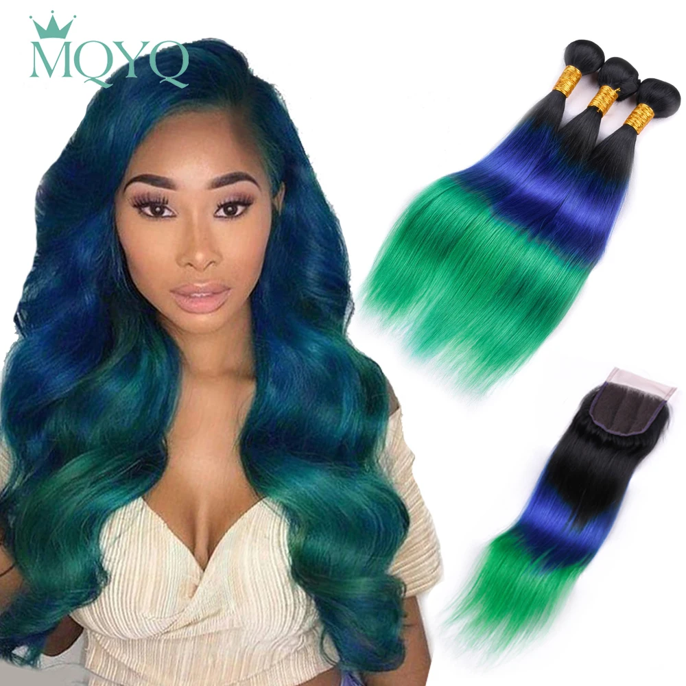 MQYQ TB/синие/зеленые волосы, бразильские прямые волосы, 3 пряди, Омбре, человеческие волосы, плетение с 4*4, на шнуровке, человеческие волосы remy