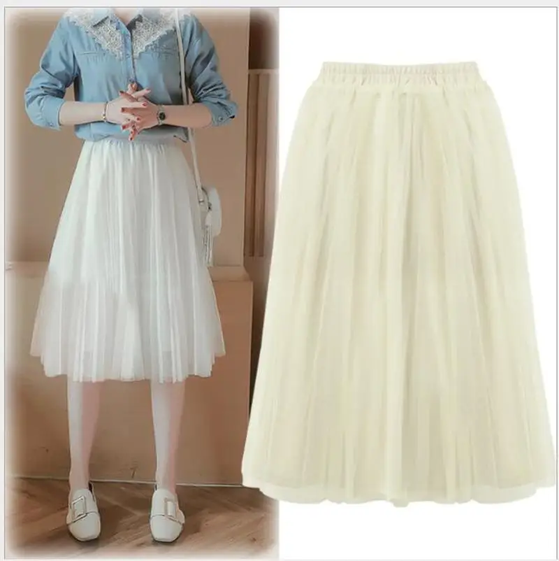 Women Girl Skirt High Waist Mesh Female Autumn and Winter Elegant Fairy Big Swing Pleated Fashion Solid Color A skirt CL81 | Женские юбки