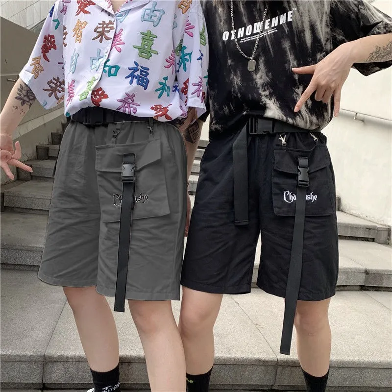

harajuku 2020 Vintage big pocket Letter embroidery high waist cargo shorts casual belt knee length pants women summer streetwear