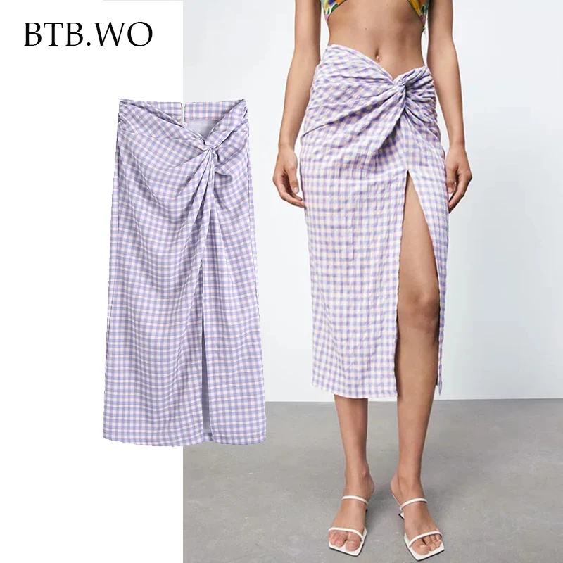 

Woman Skirt 2021 Fashion Brown Stripe High Waisted Sarong Skirt Vintage Side Zipper Female Skirts Mujer