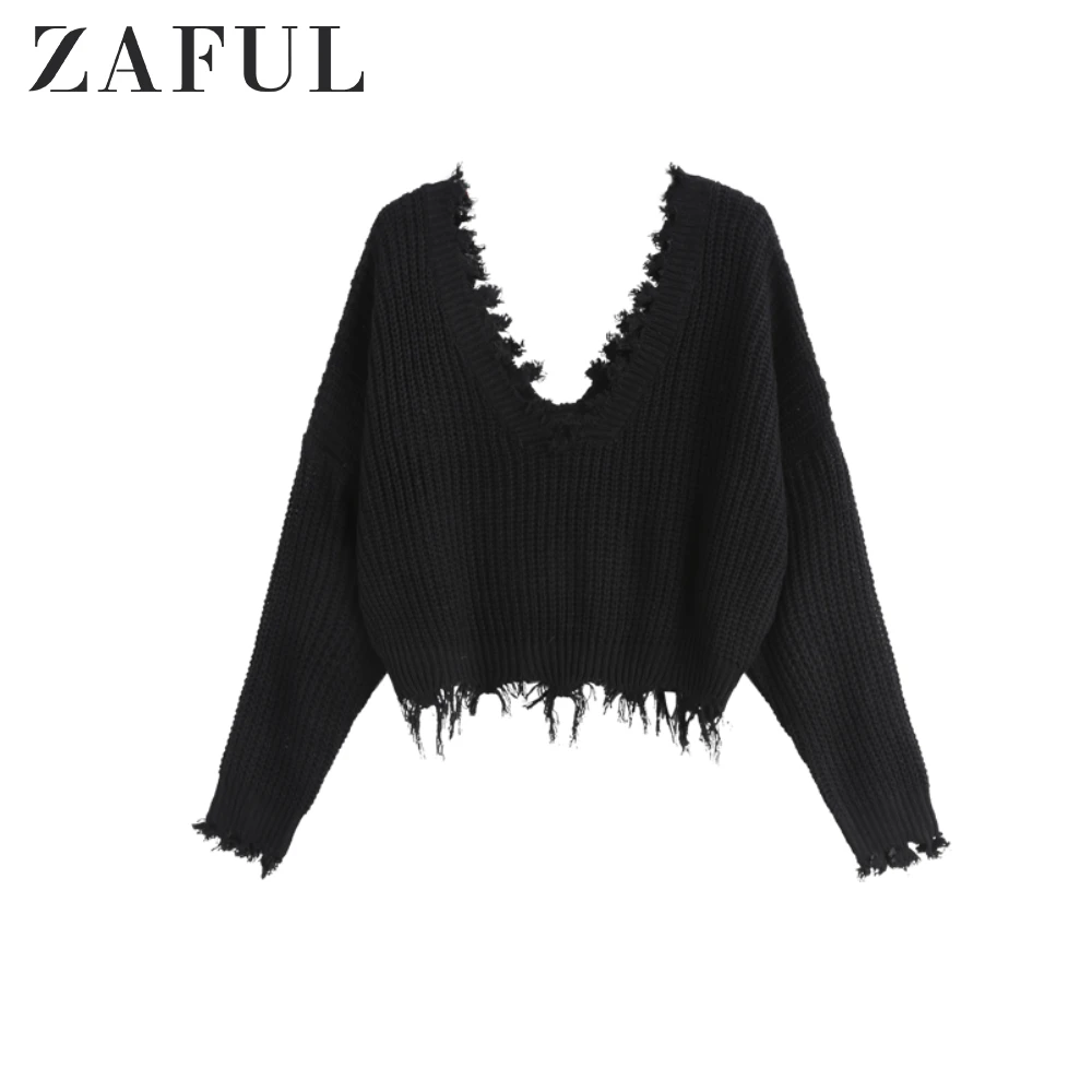 ZAFUL Свитер Frayed Укороченный трикотажный Свободный пуловер Женский Повседневный