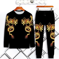 mens new national style t shirt for autumn and winter long sleeved trousers casual sports suit round neck topsuit