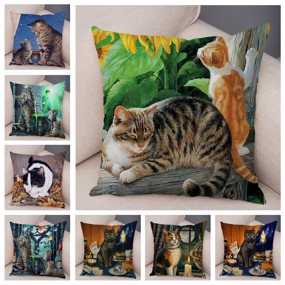 Cute WaterColor Cat Cushion Cover Decor Pet Cartoon Animal Pillowcase for Sofa Home Car Super Soft Plush Pillow Case 45x45cm