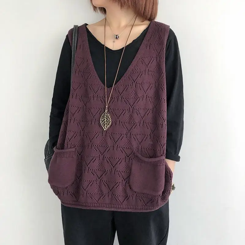 

2021 Women's Spring Autumn Knitted Vest Pocket Loose Pullover Sweater Waistcoat Female Pullover Sleeveless Tops Korean Style 107