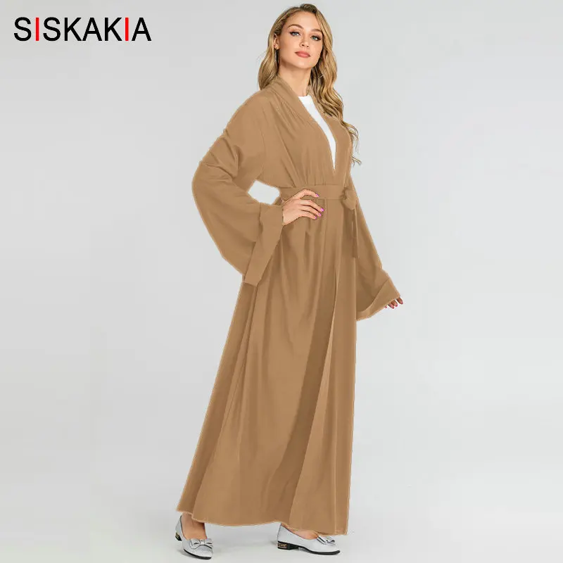Женское платье с поясом Siskakia повседневная однотонная мусульманская одежда из