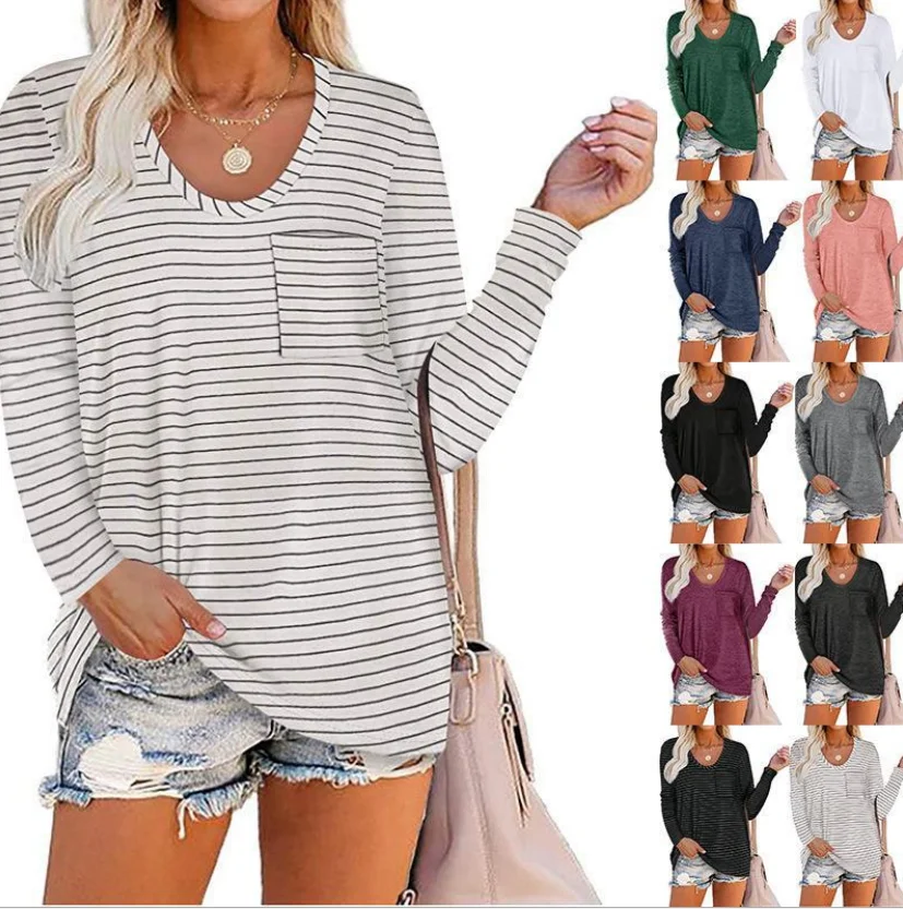 

2021 Autumn And Winter European And American Women's T-shirt Round Neck Striped Pocket Long Sleeve Casual Top