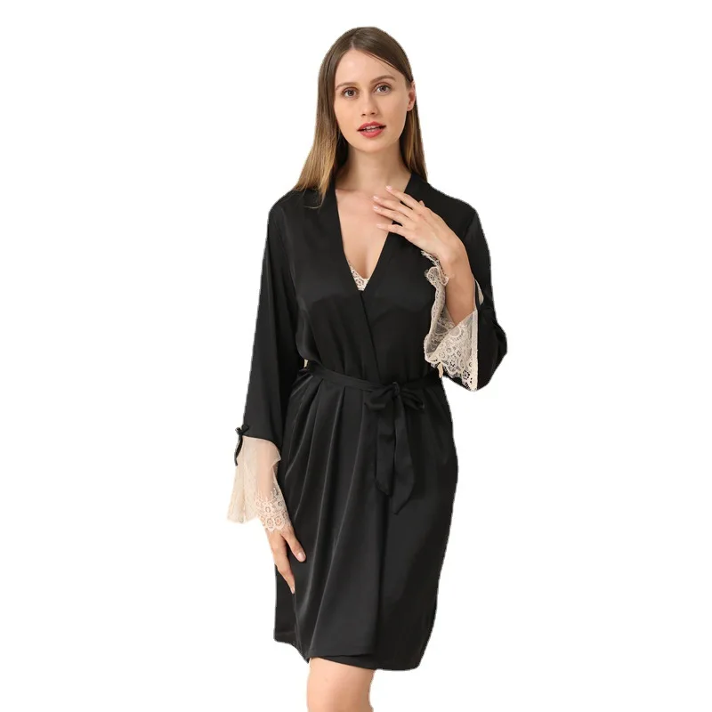

2021 New Black Women Robe Sexy Lace Kimono Gown Satin Sleepwear Bathrobe Silky Bride Bridesmaid Wedding Gift Home Clothes