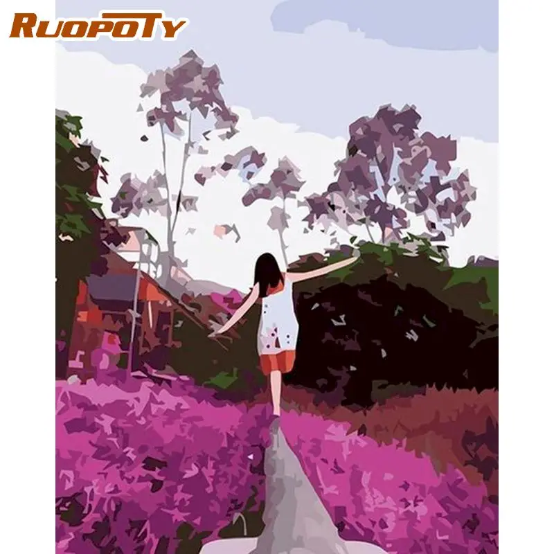 

RUOPOTY рамка DIY картина по номерам фиолетовая Лавандовая Девушка настенное художественное изображение акриловые Декорации для дома художест...