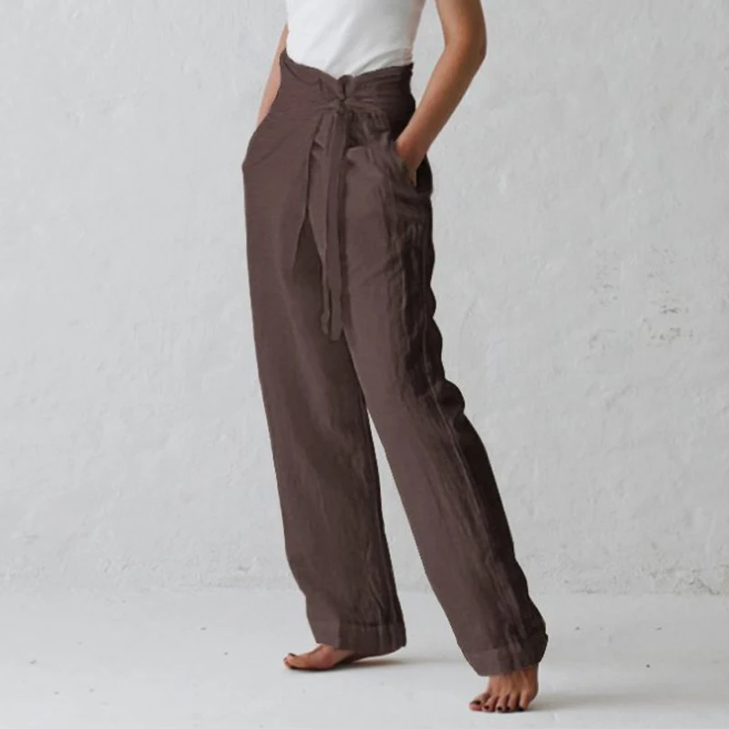 

Брюки женские хлопково-льняные однотонные на шнуровке, простые повседневные свободные штаны с широкими штанинами, с карманами, домашняя од...