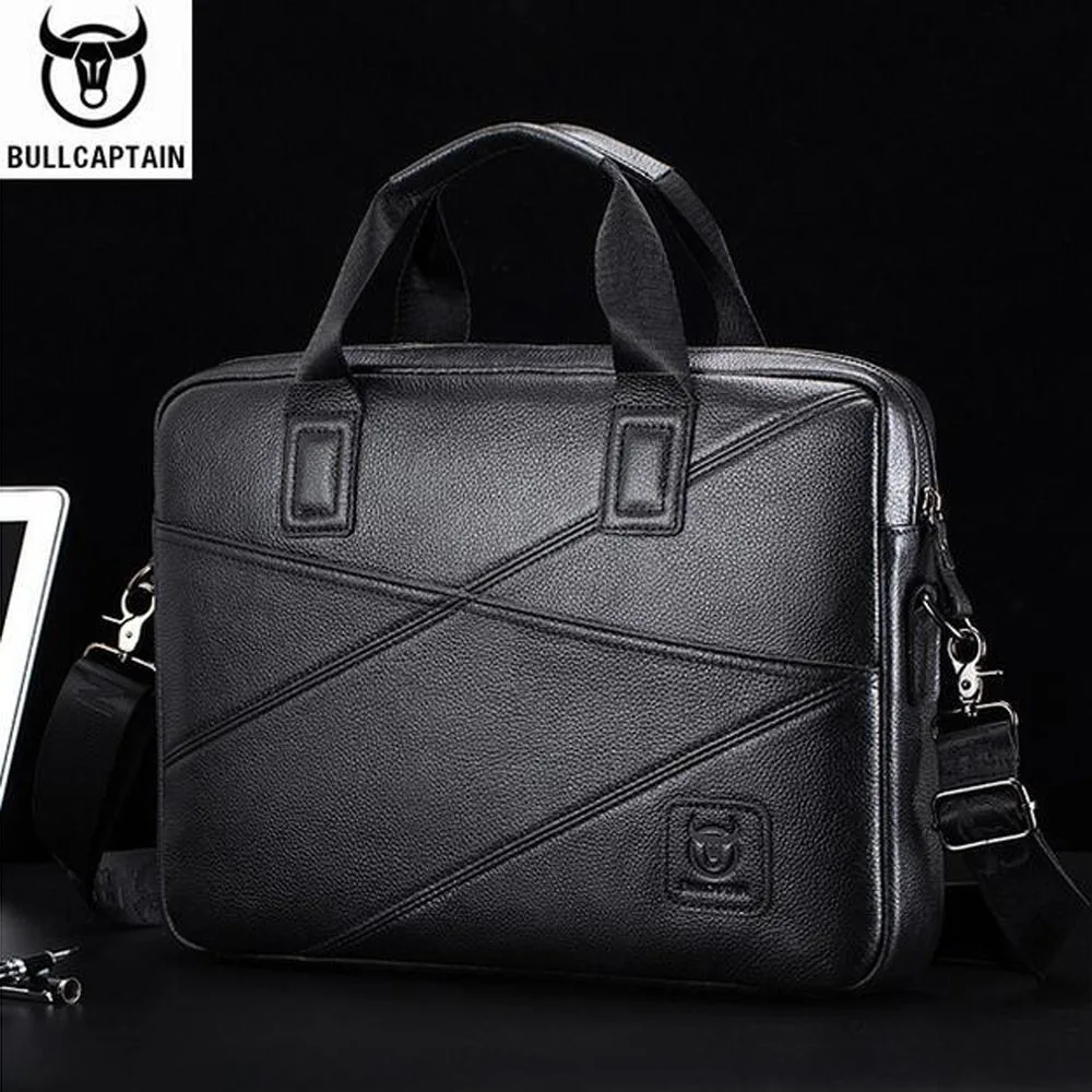 BULLCAPTAIN men's briefcase business handbag can be used for 15 inch laptop casual shoulder messenger bags  Cow Leather Men Bag