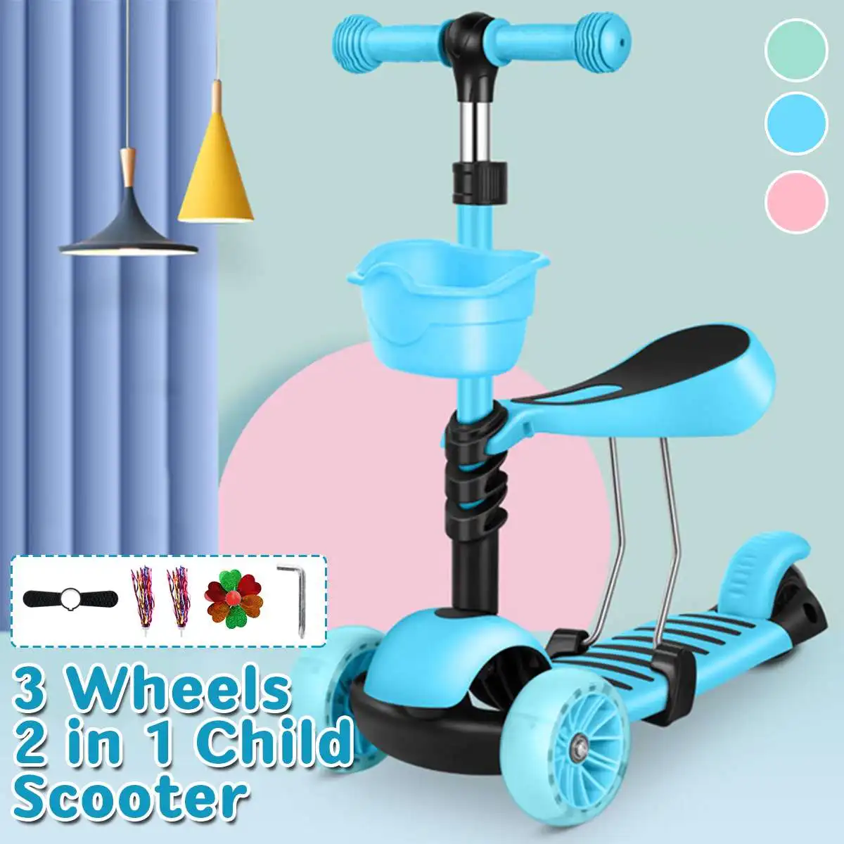 

Детский скутер 3 в 1 со светодиодными колесами, мини-скутер, детские ходунки, скутеры для малышей с регулируемой ручкой, Т-бар и сиденье