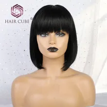 Haircube синтетические 8 дюймов парик 50% человеческие волосы натуральный черный Парики с аккуратные челки короткие прямые синтетические волосы парики из натуральных волос для Для женщин