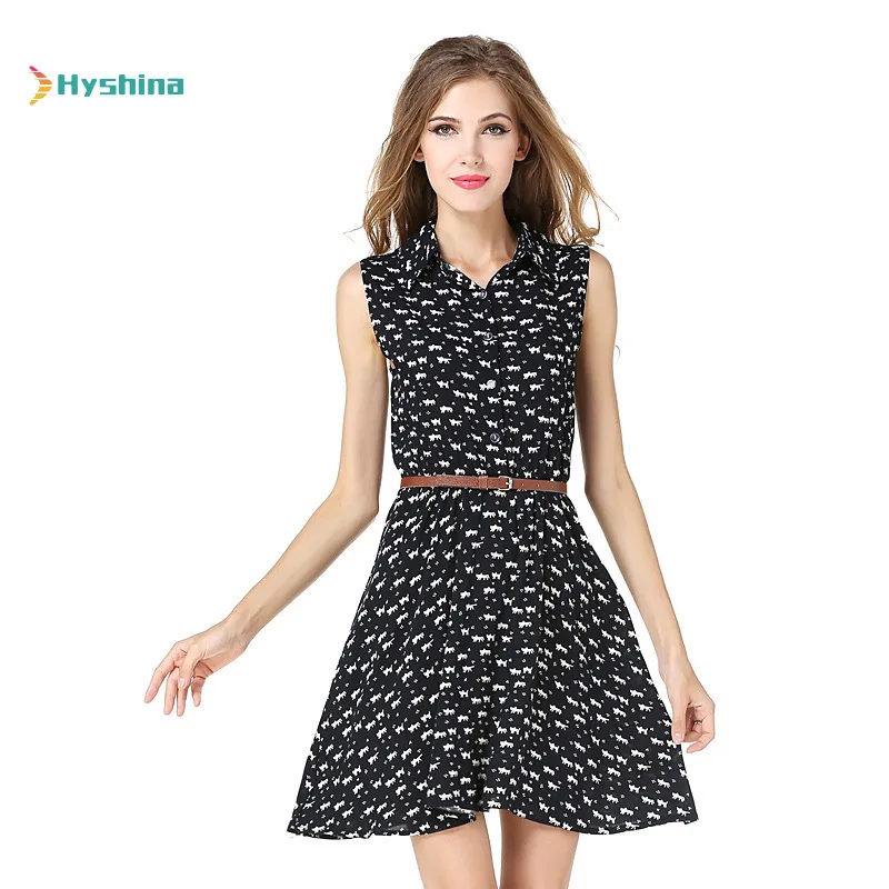 

Women's Cotton Dress Summer Slim Thin Waist Sleeveless Print Midi Dress