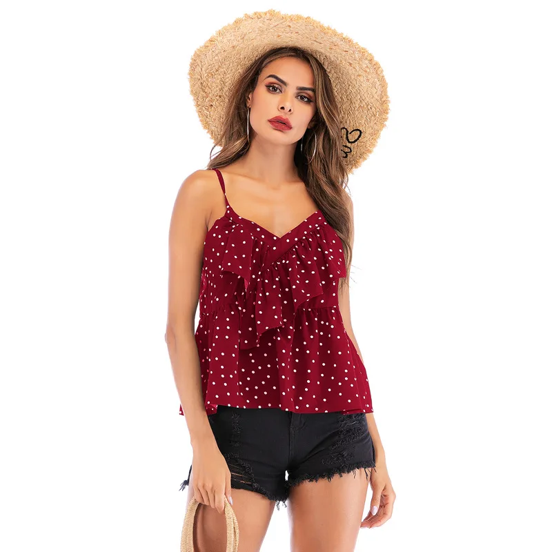 

Summer Ladies Sexy Fashion Ruffles Hem Tunic Party V Neck Tank Top Casual Dots Women Sleeveless Vest Tops Camis For Female