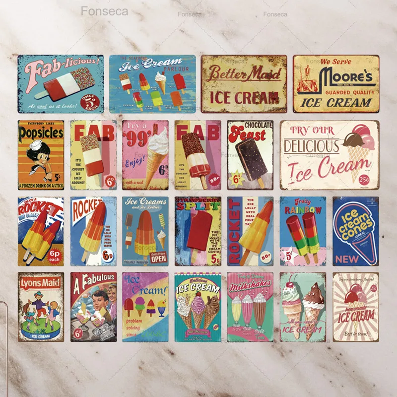 

Ice Cream Metal Sign Vintage Tin Sign Plaque Metal Vintage Ice Popsicle Lollipop Summer Day Wall Art Decor For Ice