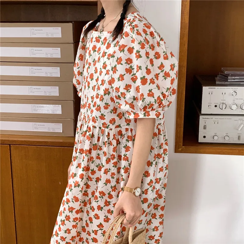 Женское Хлопковое платье с квадратным вырезом свободное повседневное