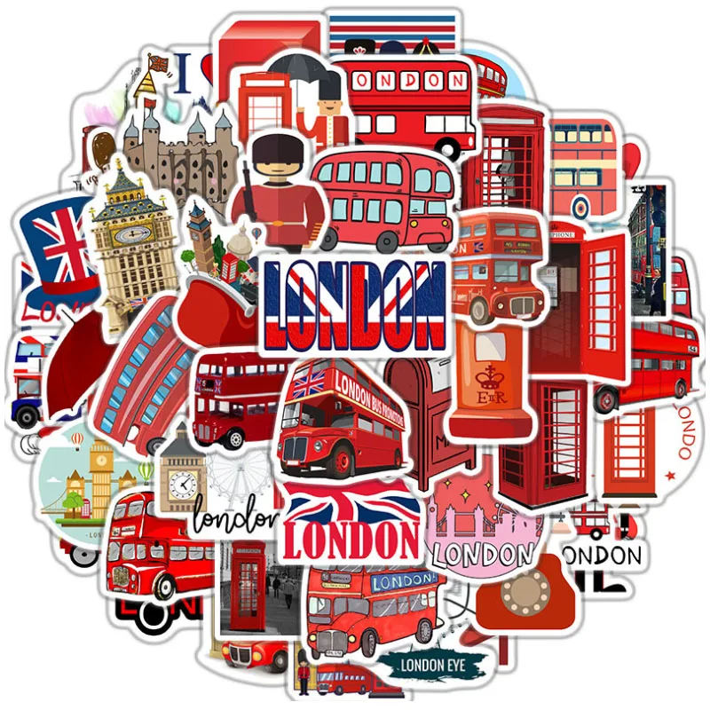 

10/30/50Pcs London red bus phone booth Graffiti Waterproof Skateboard Travel Suitcase Phone Laptop Luggage Stickers DIY Kids