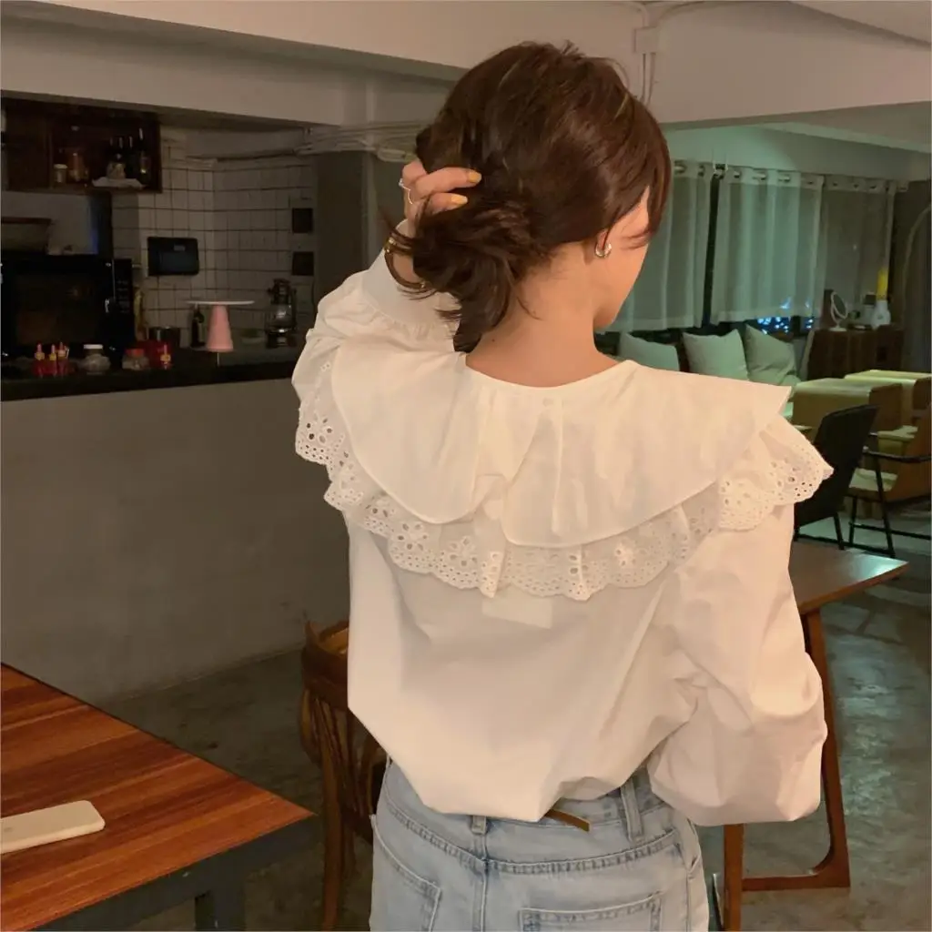 

Harajuku White Casual Tops Hot Sweet Clothe Fashion Korean Ruffles Chic All Match Summer Loose Women New Solid Blouses