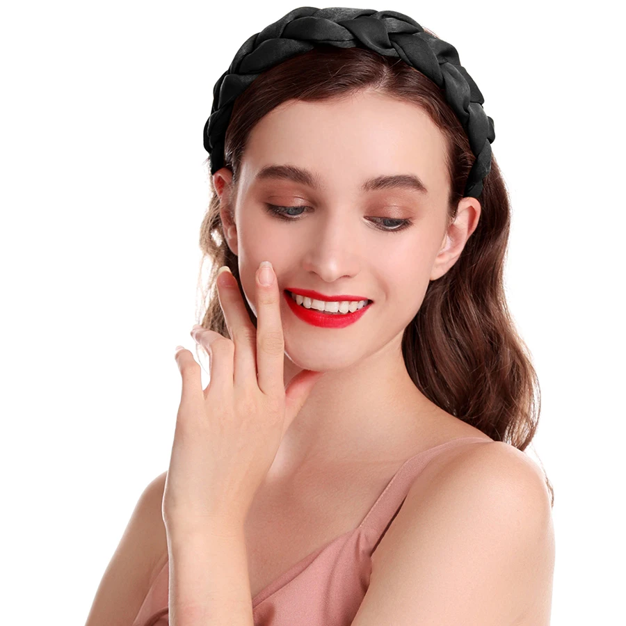 Molans White Satin Braided Headband New Crown Headbands for Women 4 CM Width Braided Aliceband Girls Black Matador Headband - Color: Black