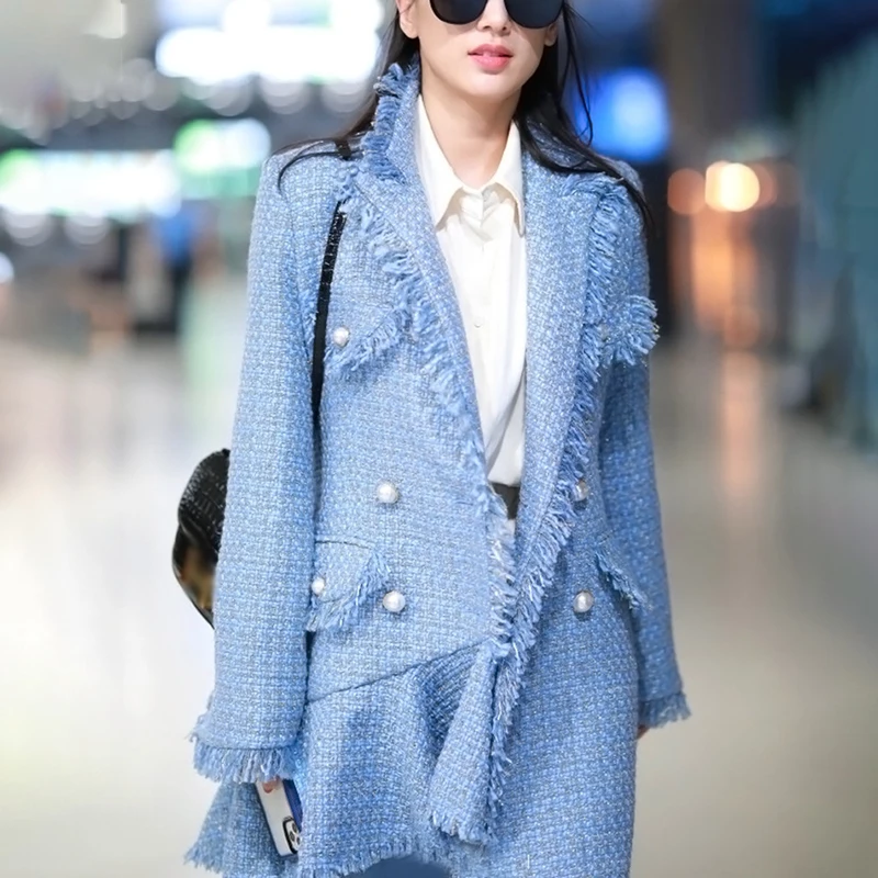 

Hem Loose Casual Coats Female 2020 Autumn Clothing Tweed Coat For Women V Neck Long Sleeve Patchwork Tassel Asymmetrical