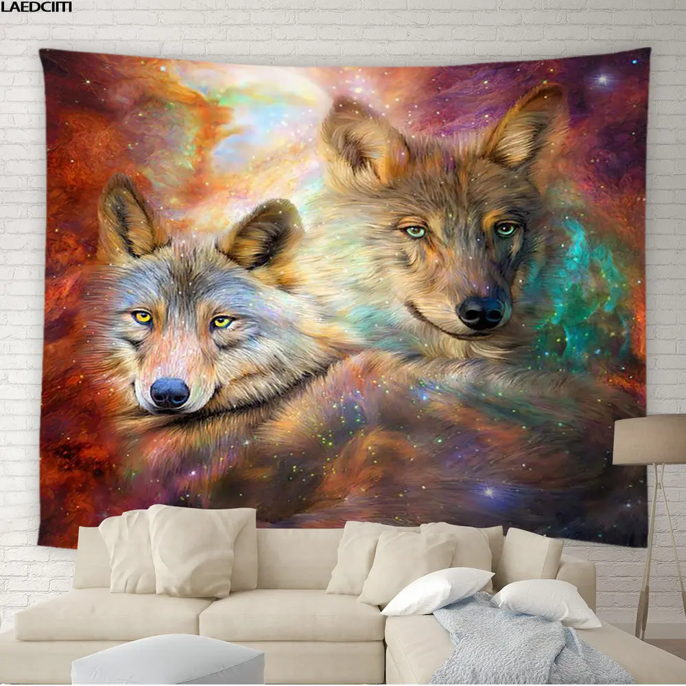 

Гобелен в стиле хиппи, волк, дикие животные, психоделическая Звездная эстетика, большой фон, настенная подвесная ткань, гостиная, спальня, до...