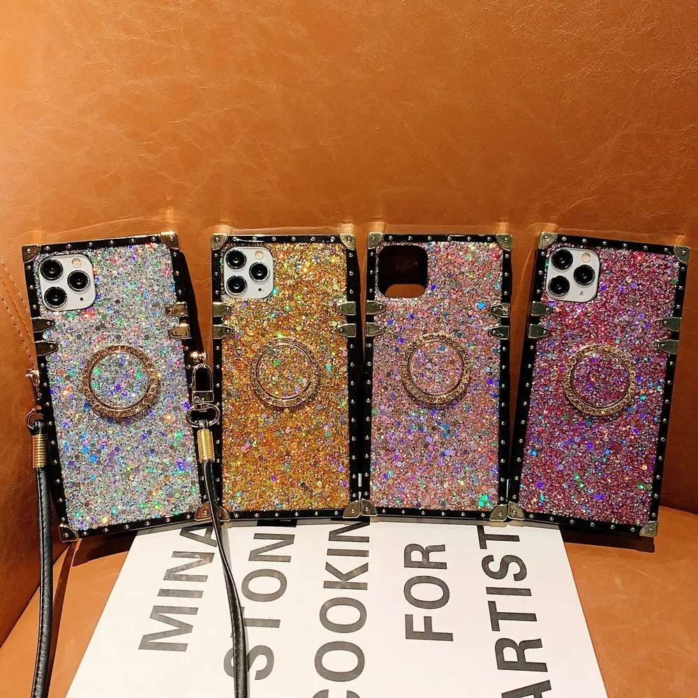 

For Xiaomi Redmi Case 9 CC pro 10 lite note 7 8 Max Back cover Black frame square gold glitter diamond bracket