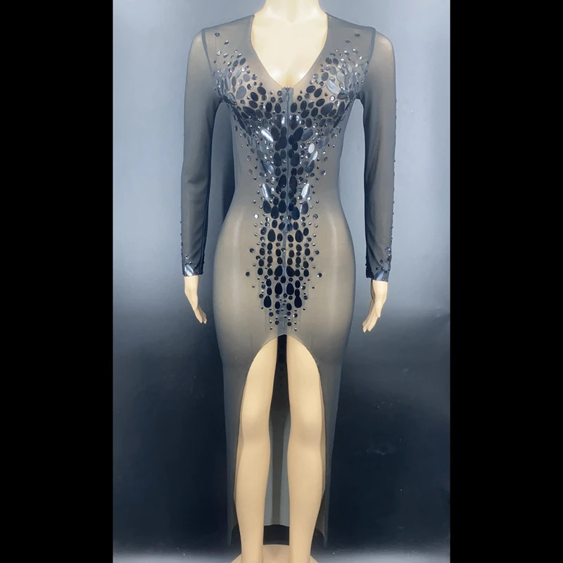 

Sexy Mesh Perspective Sequins Long Dress Women Prom Birthday Outfit Party Nightclub Dress Singer Stage Performance Show Wear