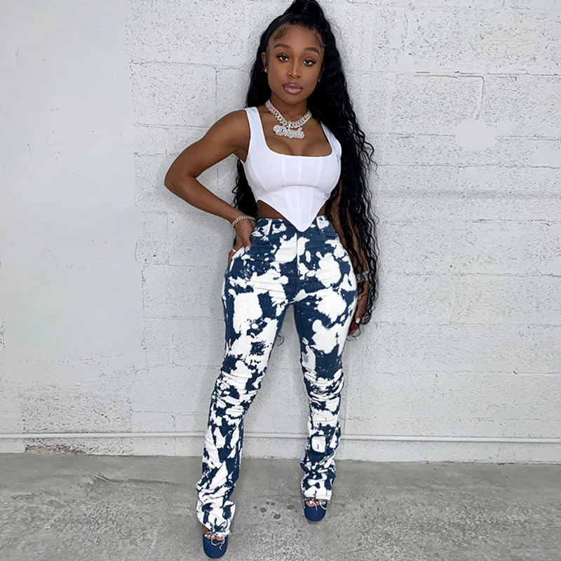 

Stacked Jeans for Women Sexy Hip Slim Tie Dye Jean Mom Large Size 2xl New Fashion Cargo Denim Pants Boyfriend Print Jeans Blue