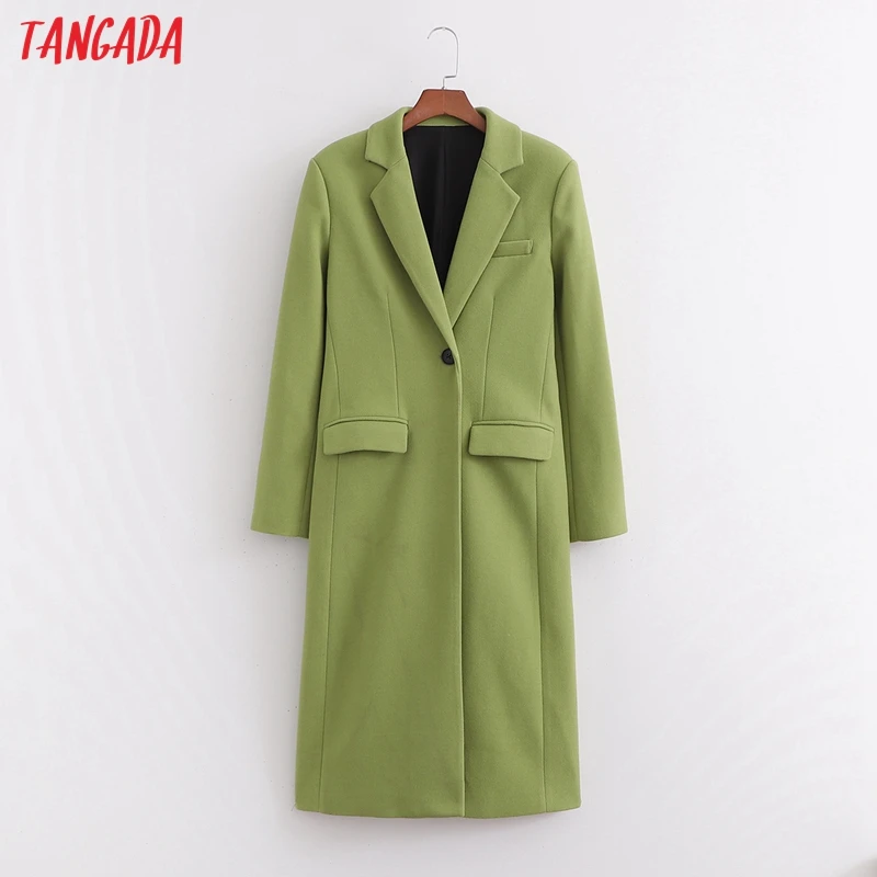 

Женское длинное пальто с карманами Tangada, зеленое элегантное толстое теплое шерстяное пальто для офиса, 1D153, зима 2021