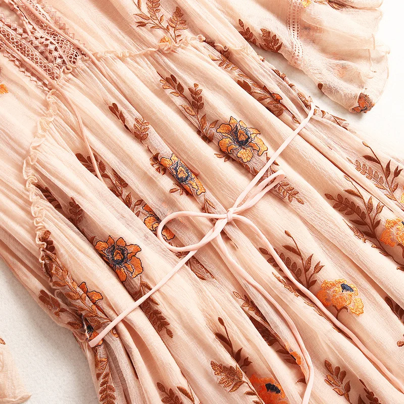 

emboridery Women Summer Silk Dress Vintage Natural silk dresses Elegant Dress Casual holiday real silk Wine red long shirt dress