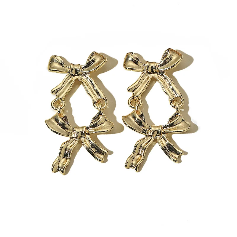 

New Vintage Elegant Gold double Bowknot Metal Geometric Pendant Stud Earrings For Women Girls Party Sweet Jewelry Gift