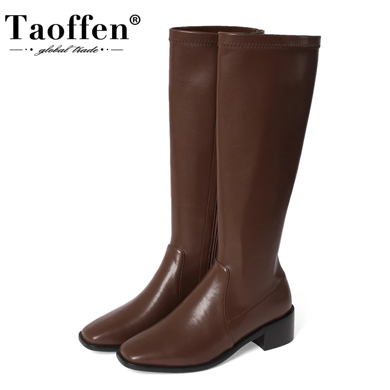 

TAOFFEN New Woman Long Boots Square Heel Zipper Woman Knee High Boots Fashion Elegant Winter Shoes Warm Boots Size 34-39
