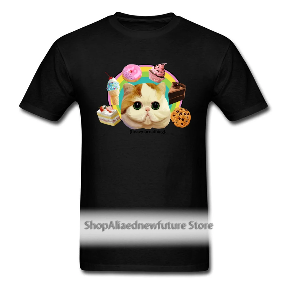 

Men Tops Cute Cake Ice Cream Cat Tshirt Kawaii T Shirts Crazy T-Shirt Summer Black Tees Cotton Fabric Clothes Girlfriend Gift