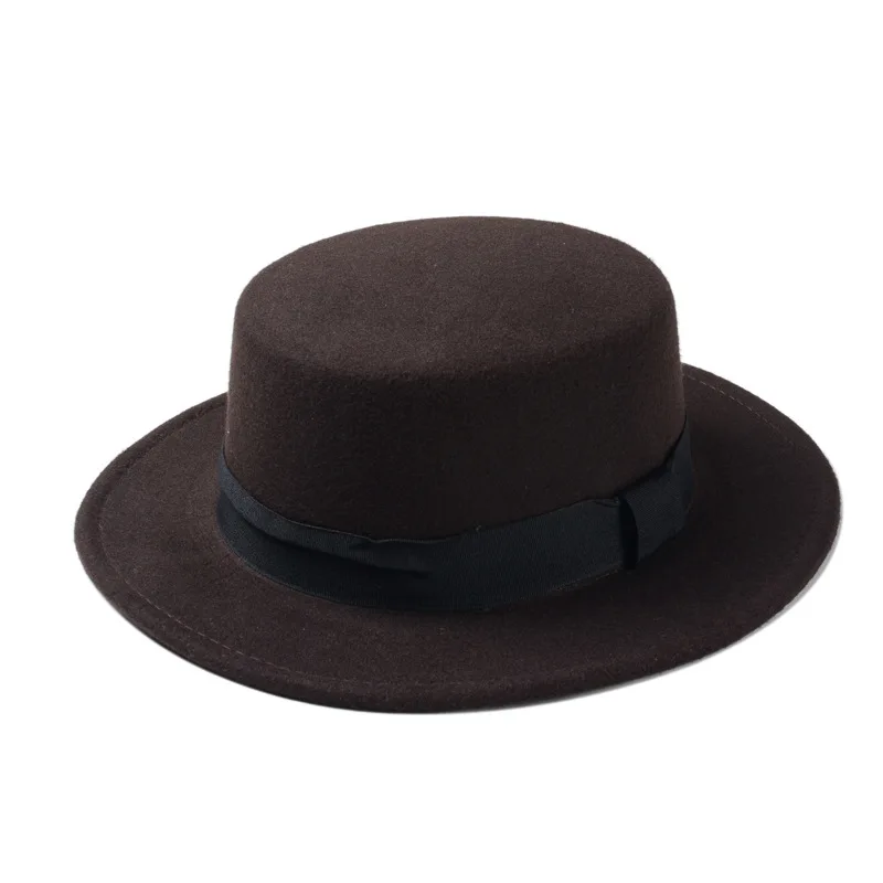 

Fashion Wool Boater Flat Top Hat For Men's Felt Wide Brim Fedora Hat Gentleman Prok Pie Chapeu de Feltro Bowler Gambler Top Hat